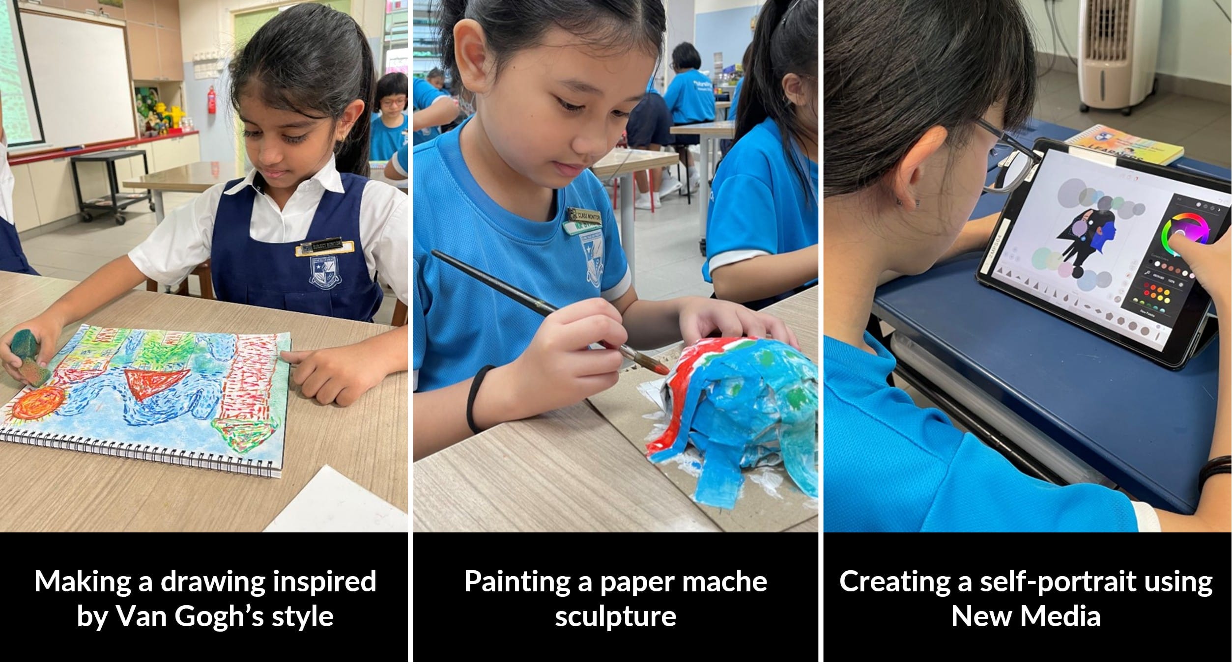 Three school girls doing art: drawing Van Gogh style, painting a paper mache sculpture, and creating a digital self-portrait on a tablet.